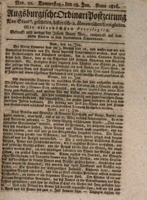 Augsburgische Ordinari Postzeitung von Staats-, gelehrten, historisch- u. ökonomischen Neuigkeiten (Augsburger Postzeitung) Donnerstag 25. Januar 1816