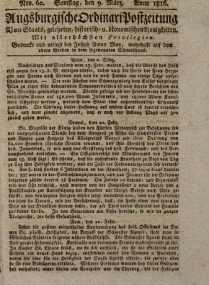 Augsburgische Ordinari Postzeitung von Staats-, gelehrten, historisch- u. ökonomischen Neuigkeiten (Augsburger Postzeitung) Samstag 9. März 1816