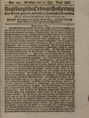 Augsburgische Ordinari Postzeitung von Staats-, gelehrten, historisch- u. ökonomischen Neuigkeiten (Augsburger Postzeitung) Dienstag 11. Juni 1816
