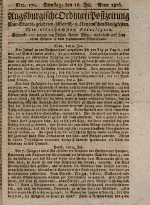 Augsburgische Ordinari Postzeitung von Staats-, gelehrten, historisch- u. ökonomischen Neuigkeiten (Augsburger Postzeitung) Dienstag 16. Juli 1816