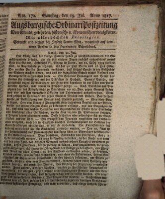 Augsburgische Ordinari Postzeitung von Staats-, gelehrten, historisch- u. ökonomischen Neuigkeiten (Augsburger Postzeitung) Samstag 19. Juli 1817