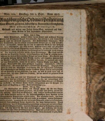 Augsburgische Ordinari Postzeitung von Staats-, gelehrten, historisch- u. ökonomischen Neuigkeiten (Augsburger Postzeitung) Dienstag 2. September 1817