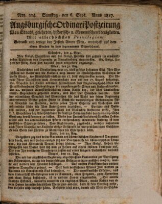 Augsburgische Ordinari Postzeitung von Staats-, gelehrten, historisch- u. ökonomischen Neuigkeiten (Augsburger Postzeitung) Samstag 6. September 1817