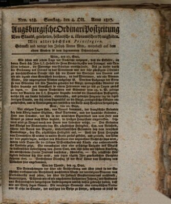 Augsburgische Ordinari Postzeitung von Staats-, gelehrten, historisch- u. ökonomischen Neuigkeiten (Augsburger Postzeitung) Samstag 4. Oktober 1817
