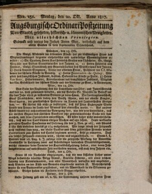 Augsburgische Ordinari Postzeitung von Staats-, gelehrten, historisch- u. ökonomischen Neuigkeiten (Augsburger Postzeitung) Montag 20. Oktober 1817