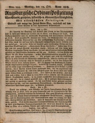 Augsburgische Ordinari Postzeitung von Staats-, gelehrten, historisch- u. ökonomischen Neuigkeiten (Augsburger Postzeitung) Montag 12. Oktober 1818