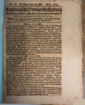 Augsburgische Ordinari Postzeitung von Staats-, gelehrten, historisch- u. ökonomischen Neuigkeiten (Augsburger Postzeitung) Dienstag 23. Februar 1819