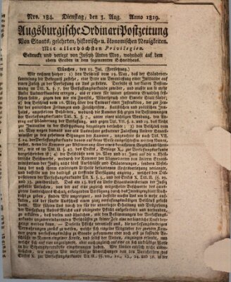 Augsburgische Ordinari Postzeitung von Staats-, gelehrten, historisch- u. ökonomischen Neuigkeiten (Augsburger Postzeitung) Dienstag 3. August 1819