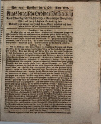 Augsburgische Ordinari Postzeitung von Staats-, gelehrten, historisch- u. ökonomischen Neuigkeiten (Augsburger Postzeitung) Samstag 9. Oktober 1819