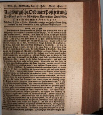 Augsburgische Ordinari Postzeitung von Staats-, gelehrten, historisch- u. ökonomischen Neuigkeiten (Augsburger Postzeitung) Mittwoch 23. Februar 1820