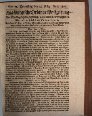 Augsburgische Ordinari Postzeitung von Staats-, gelehrten, historisch- u. ökonomischen Neuigkeiten (Augsburger Postzeitung) Donnerstag 23. März 1820