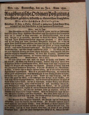 Augsburgische Ordinari Postzeitung von Staats-, gelehrten, historisch- u. ökonomischen Neuigkeiten (Augsburger Postzeitung) Donnerstag 22. Juni 1820