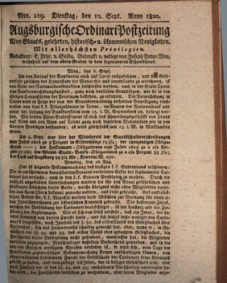 Augsburgische Ordinari Postzeitung von Staats-, gelehrten, historisch- u. ökonomischen Neuigkeiten (Augsburger Postzeitung) Dienstag 12. September 1820