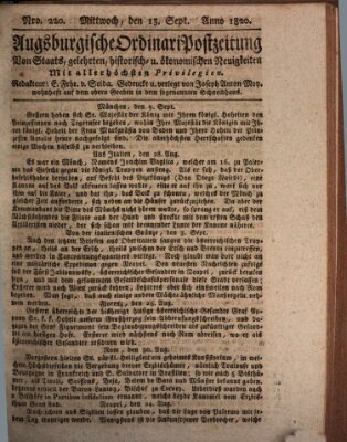 Augsburgische Ordinari Postzeitung von Staats-, gelehrten, historisch- u. ökonomischen Neuigkeiten (Augsburger Postzeitung) Mittwoch 13. September 1820
