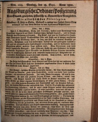 Augsburgische Ordinari Postzeitung von Staats-, gelehrten, historisch- u. ökonomischen Neuigkeiten (Augsburger Postzeitung) Montag 18. September 1820