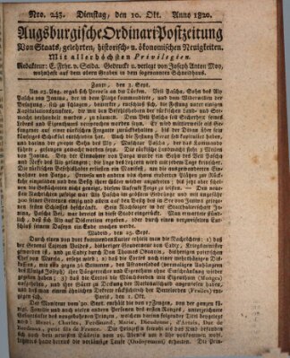 Augsburgische Ordinari Postzeitung von Staats-, gelehrten, historisch- u. ökonomischen Neuigkeiten (Augsburger Postzeitung) Dienstag 10. Oktober 1820