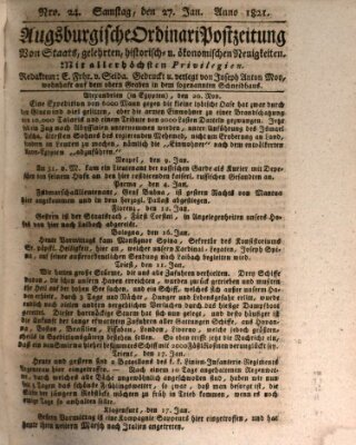 Augsburgische Ordinari Postzeitung von Staats-, gelehrten, historisch- u. ökonomischen Neuigkeiten (Augsburger Postzeitung) Samstag 27. Januar 1821