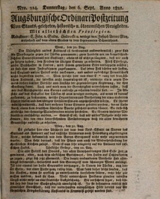 Augsburgische Ordinari Postzeitung von Staats-, gelehrten, historisch- u. ökonomischen Neuigkeiten (Augsburger Postzeitung) Donnerstag 6. September 1821