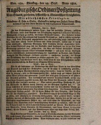 Augsburgische Ordinari Postzeitung von Staats-, gelehrten, historisch- u. ökonomischen Neuigkeiten (Augsburger Postzeitung) Dienstag 25. September 1821