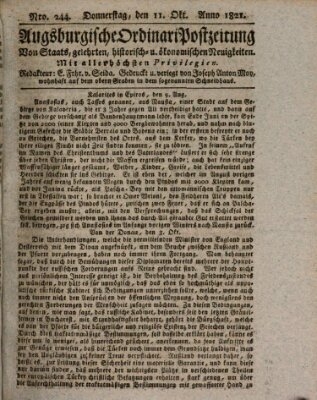 Augsburgische Ordinari Postzeitung von Staats-, gelehrten, historisch- u. ökonomischen Neuigkeiten (Augsburger Postzeitung) Donnerstag 11. Oktober 1821
