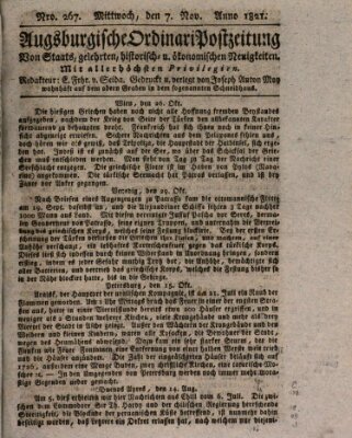 Augsburgische Ordinari Postzeitung von Staats-, gelehrten, historisch- u. ökonomischen Neuigkeiten (Augsburger Postzeitung) Mittwoch 7. November 1821