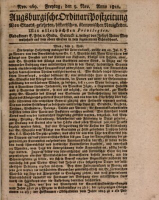 Augsburgische Ordinari Postzeitung von Staats-, gelehrten, historisch- u. ökonomischen Neuigkeiten (Augsburger Postzeitung) Freitag 9. November 1821