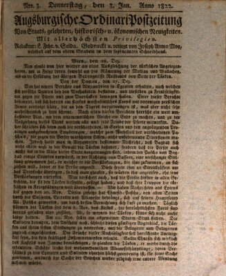 Augsburgische Ordinari Postzeitung von Staats-, gelehrten, historisch- u. ökonomischen Neuigkeiten (Augsburger Postzeitung) Donnerstag 3. Januar 1822