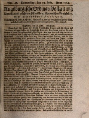 Augsburgische Ordinari Postzeitung von Staats-, gelehrten, historisch- u. ökonomischen Neuigkeiten (Augsburger Postzeitung) Donnerstag 19. Februar 1824