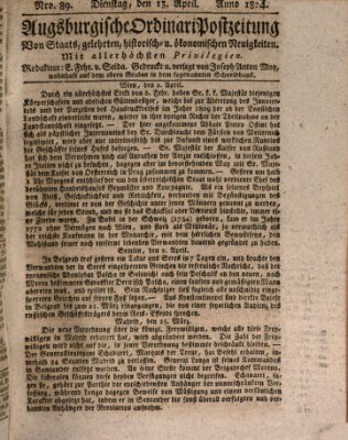 Augsburgische Ordinari Postzeitung von Staats-, gelehrten, historisch- u. ökonomischen Neuigkeiten (Augsburger Postzeitung) Dienstag 13. April 1824