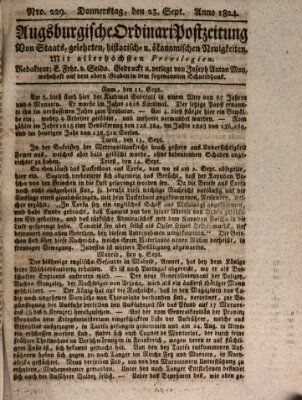 Augsburgische Ordinari Postzeitung von Staats-, gelehrten, historisch- u. ökonomischen Neuigkeiten (Augsburger Postzeitung) Donnerstag 23. September 1824