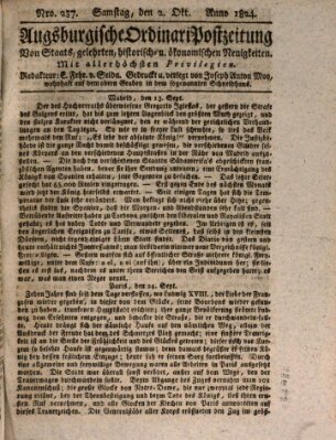 Augsburgische Ordinari Postzeitung von Staats-, gelehrten, historisch- u. ökonomischen Neuigkeiten (Augsburger Postzeitung) Samstag 2. Oktober 1824