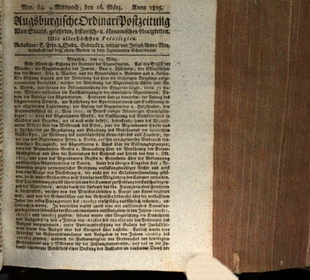 Augsburgische Ordinari Postzeitung von Staats-, gelehrten, historisch- u. ökonomischen Neuigkeiten (Augsburger Postzeitung) Mittwoch 16. März 1825