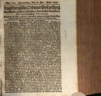 Augsburgische Ordinari Postzeitung von Staats-, gelehrten, historisch- u. ökonomischen Neuigkeiten (Augsburger Postzeitung) Donnerstag 16. Juni 1825