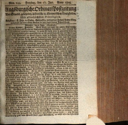 Augsburgische Ordinari Postzeitung von Staats-, gelehrten, historisch- u. ökonomischen Neuigkeiten (Augsburger Postzeitung) Freitag 17. Juni 1825