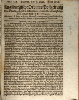 Augsburgische Ordinari Postzeitung von Staats-, gelehrten, historisch- u. ökonomischen Neuigkeiten (Augsburger Postzeitung) Dienstag 6. September 1825