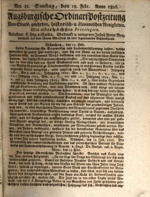 Augsburgische Ordinari Postzeitung von Staats-, gelehrten, historisch- u. ökonomischen Neuigkeiten (Augsburger Postzeitung) Samstag 18. Februar 1826