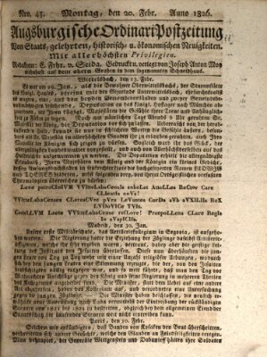 Augsburgische Ordinari Postzeitung von Staats-, gelehrten, historisch- u. ökonomischen Neuigkeiten (Augsburger Postzeitung) Montag 20. Februar 1826