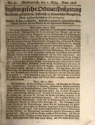 Augsburgische Ordinari Postzeitung von Staats-, gelehrten, historisch- u. ökonomischen Neuigkeiten (Augsburger Postzeitung) Mittwoch 1. März 1826