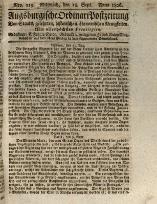 Augsburgische Ordinari Postzeitung von Staats-, gelehrten, historisch- u. ökonomischen Neuigkeiten (Augsburger Postzeitung) Mittwoch 13. September 1826