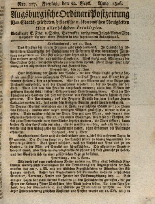 Augsburgische Ordinari Postzeitung von Staats-, gelehrten, historisch- u. ökonomischen Neuigkeiten (Augsburger Postzeitung) Freitag 22. September 1826