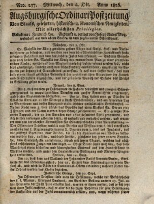 Augsburgische Ordinari Postzeitung von Staats-, gelehrten, historisch- u. ökonomischen Neuigkeiten (Augsburger Postzeitung) Mittwoch 4. Oktober 1826