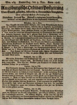 Augsburgische Ordinari Postzeitung von Staats-, gelehrten, historisch- u. ökonomischen Neuigkeiten (Augsburger Postzeitung) Donnerstag 9. November 1826
