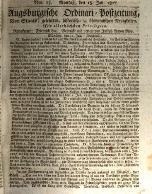 Augsburgische Ordinari Postzeitung von Staats-, gelehrten, historisch- u. ökonomischen Neuigkeiten (Augsburger Postzeitung) Montag 15. Januar 1827