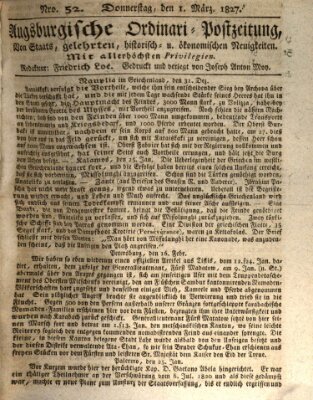 Augsburgische Ordinari Postzeitung von Staats-, gelehrten, historisch- u. ökonomischen Neuigkeiten (Augsburger Postzeitung) Donnerstag 1. März 1827