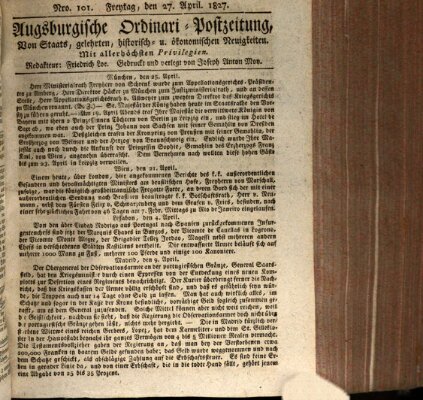Augsburgische Ordinari Postzeitung von Staats-, gelehrten, historisch- u. ökonomischen Neuigkeiten (Augsburger Postzeitung) Freitag 27. April 1827