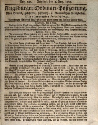 Augsburger Ordinari Postzeitung von Staats-, gelehrten, historisch- u. ökonomischen Neuigkeiten (Augsburger Postzeitung) Freitag 3. August 1827