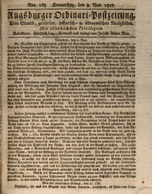 Augsburger Ordinari Postzeitung von Staats-, gelehrten, historisch- u. ökonomischen Neuigkeiten (Augsburger Postzeitung) Donnerstag 8. November 1827