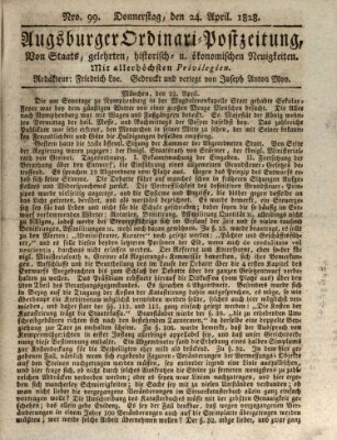Augsburger Ordinari Postzeitung von Staats-, gelehrten, historisch- u. ökonomischen Neuigkeiten (Augsburger Postzeitung) Donnerstag 24. April 1828