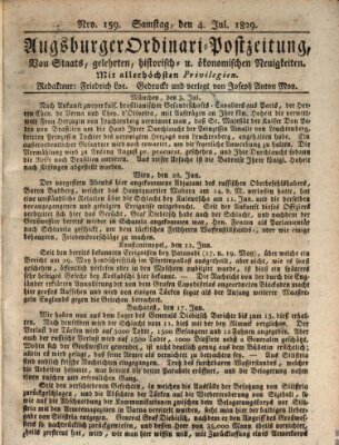 Augsburger Ordinari Postzeitung von Staats-, gelehrten, historisch- u. ökonomischen Neuigkeiten (Augsburger Postzeitung) Samstag 4. Juli 1829