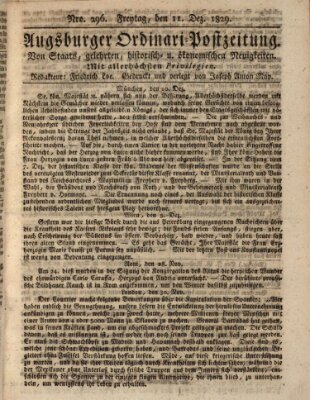 Augsburger Ordinari Postzeitung von Staats-, gelehrten, historisch- u. ökonomischen Neuigkeiten (Augsburger Postzeitung) Freitag 11. Dezember 1829